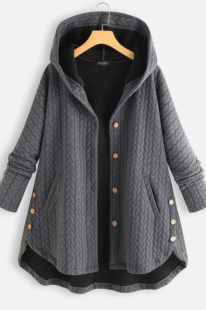 Women’s Hooded Coat – Oversized Fit – Quilted Chevron – Button Down – Side Pockets