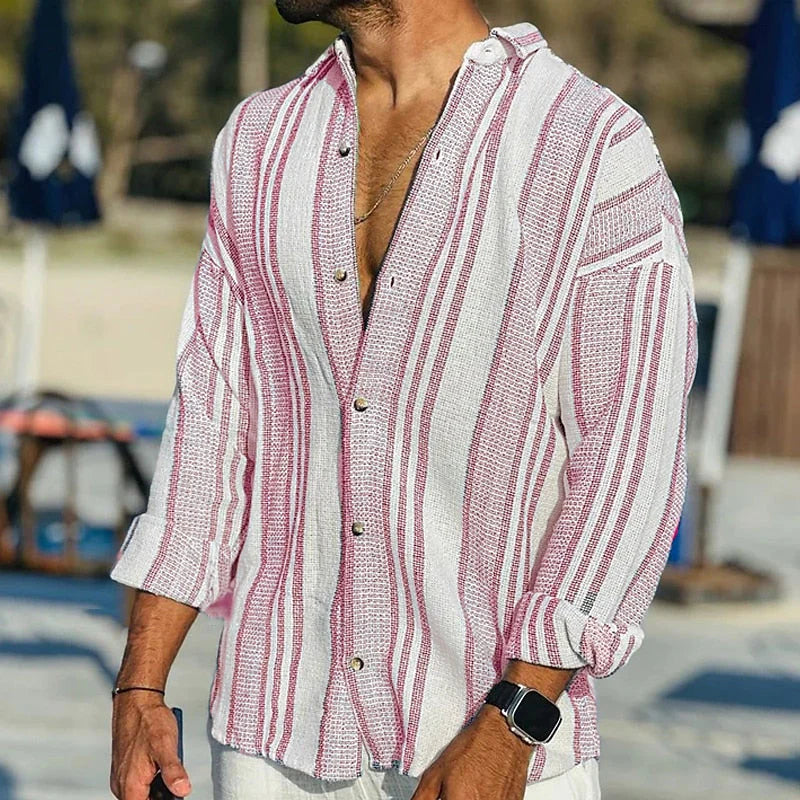 Men’s Casual Shirt – Relaxed Fit – Vertical Stripes – Natural Fibers – Button Front