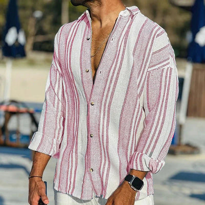 Men’s Casual Shirt – Relaxed Fit – Vertical Stripes – Natural Fibers – Button Front