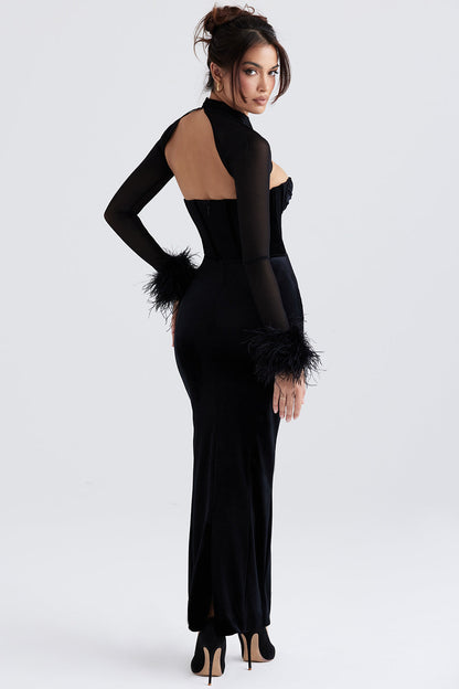 Women’s Maxi Dress – Velvet – Corset Bodice – Sheer Sleeves – Feather Cuffs