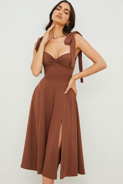 Women’s Slip Midi Dress – Fit and Flare – Ruched Bust – Tie Straps – High Slit