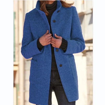 Gray Wool Coat with Stand Collar and Pockets