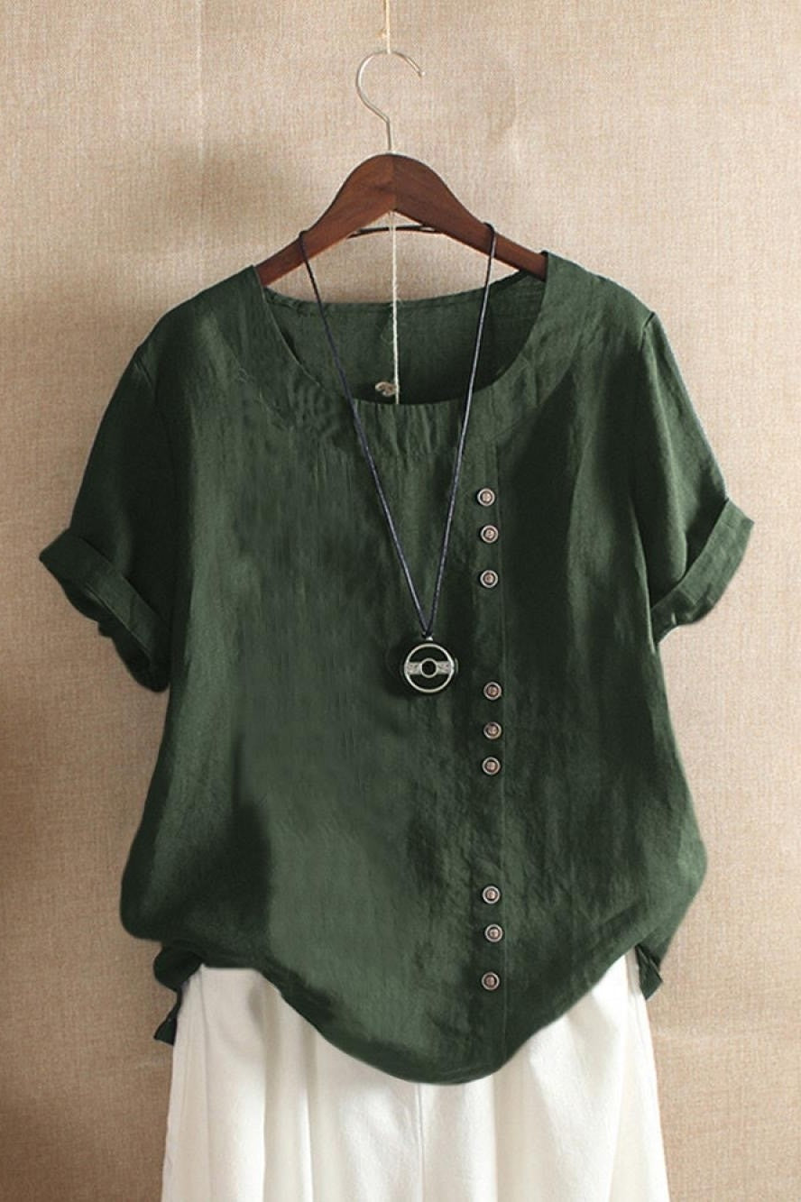 Women’s Blouse – Relaxed Fit – Natural Fibers – Round Neck – Short Sleeve – Button Detail