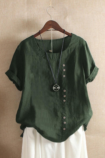 Women’s Blouse – Relaxed Fit – Natural Fibers – Round Neck – Short Sleeve – Button Detail