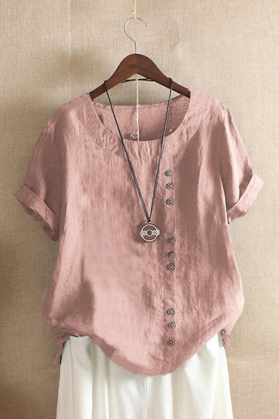 Women’s Blouse – Relaxed Fit – Natural Fibers – Round Neck – Short Sleeve – Button Detail
