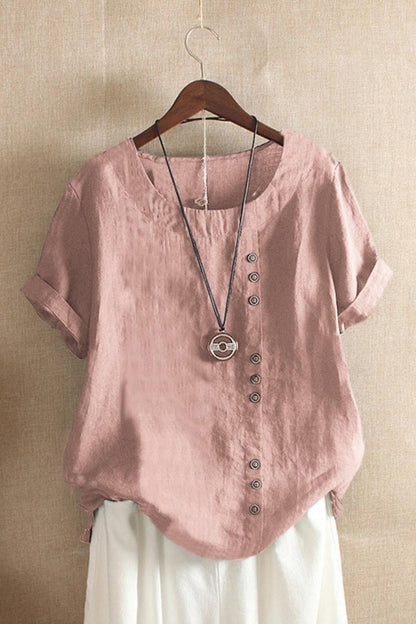 Women’s Blouse – Relaxed Fit – Natural Fibers – Round Neck – Short Sleeve – Button Detail