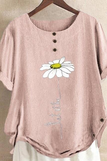 Women’s Short Sleeve Shirt – Relaxed Fit – Breathable Blend – Floral Graphic Print