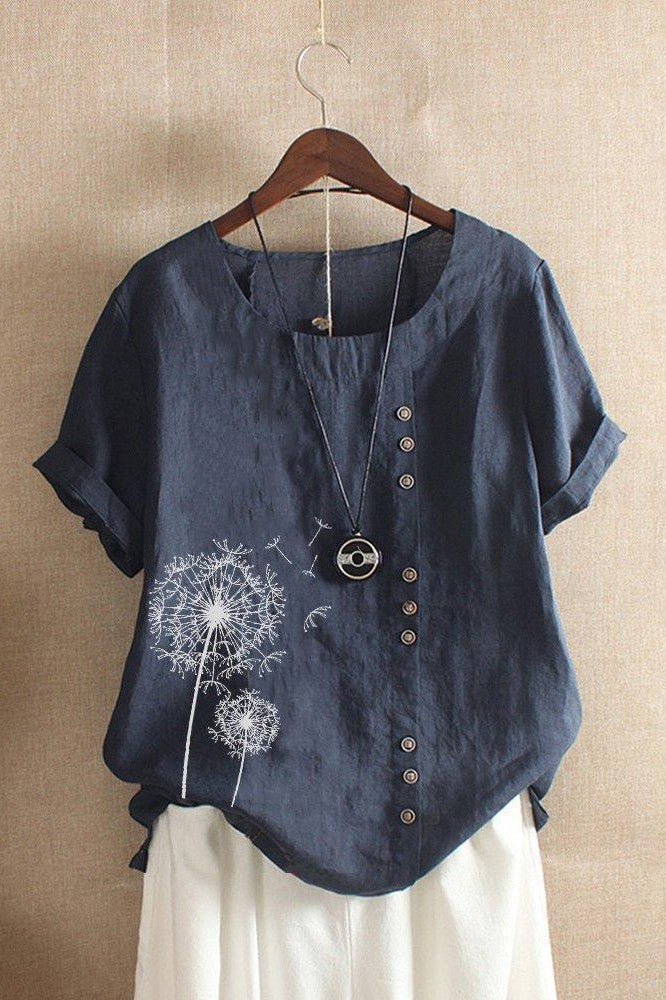 Women’s T-Shirt – Relaxed Fit – Natural Fibers – Floral Print – Button Detail – Crew Neck