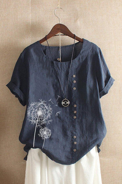 Women’s T-Shirt – Relaxed Fit – Natural Fibers – Floral Print – Button Detail – Crew Neck
