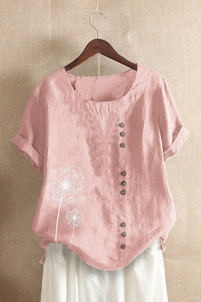 Women’s T-Shirt – Relaxed Fit – Natural Fibers – Floral Print – Button Detail – Crew Neck