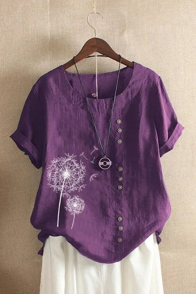 Women’s T-Shirt – Relaxed Fit – Natural Fibers – Floral Print – Button Detail – Crew Neck