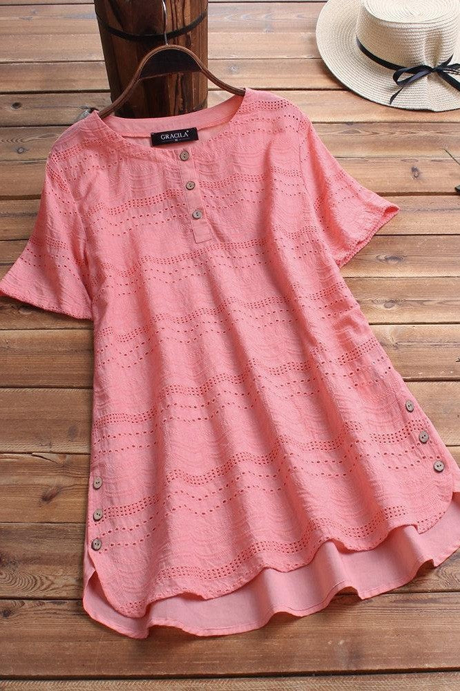 Women’s T-shirt – Loose Fit – Eyelet Detail – Button Front – Breathable Blend
