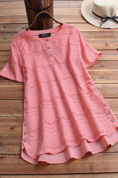 Women’s T-shirt – Loose Fit – Eyelet Detail – Button Front – Breathable Blend