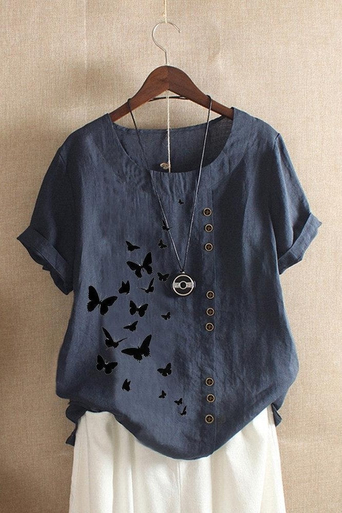 Women’s T-Shirt – Relaxed Fit – Rolled Sleeves – Butterfly Print – Breathable Blend