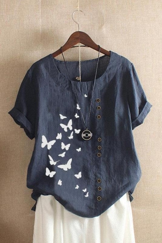 Women’s T-Shirt – Relaxed Fit – Rolled Sleeves – Butterfly Print – Breathable Blend