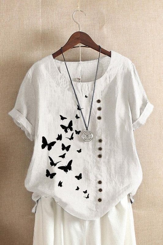 Women’s T-Shirt – Relaxed Fit – Rolled Sleeves – Butterfly Print – Breathable Blend