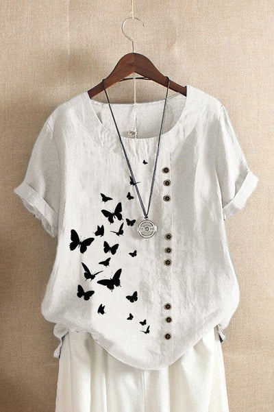 Women’s T-Shirt – Relaxed Fit – Rolled Sleeves – Butterfly Print – Breathable Blend