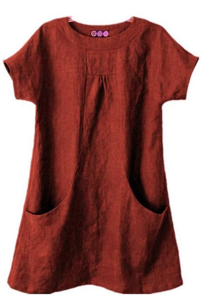Women’s Blouse – Relaxed Fit – Short Sleeve – Natural Fibers – Front Pockets – Pleated Neckline