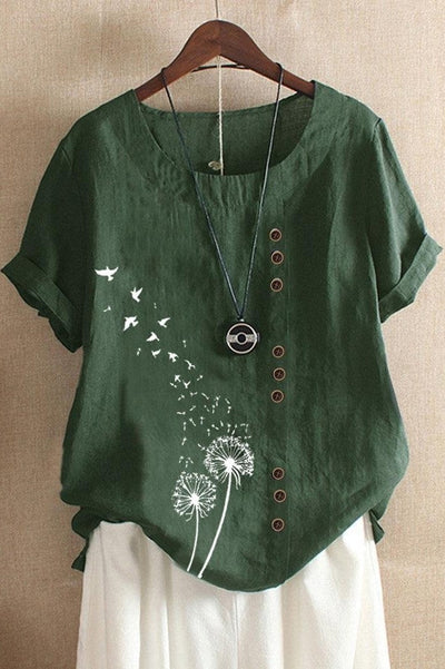 Women’s T-Shirt – Relaxed Fit – O-Neck – Short Sleeve – Artistic Button Detail