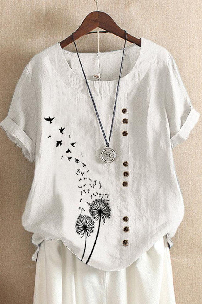 Women’s T-Shirt – Relaxed Fit – O-Neck – Short Sleeve – Artistic Button Detail