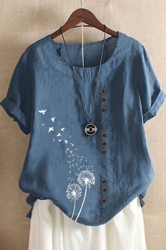 Women’s T-Shirt – Relaxed Fit – O-Neck – Short Sleeve – Artistic Button Detail