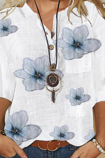 Women’s Blouse – Lightweight Cotton – V-Neck – Floral Print – Half Sleeve – Relaxed Fit
