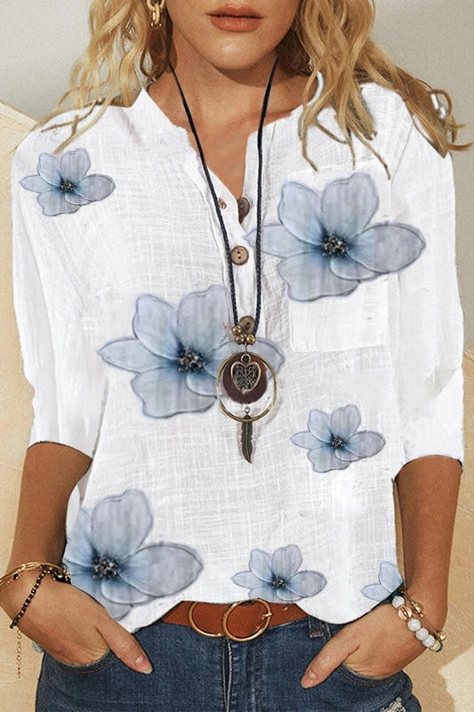 Women’s Blouse – Lightweight Cotton – V-Neck – Floral Print – Half Sleeve – Relaxed Fit