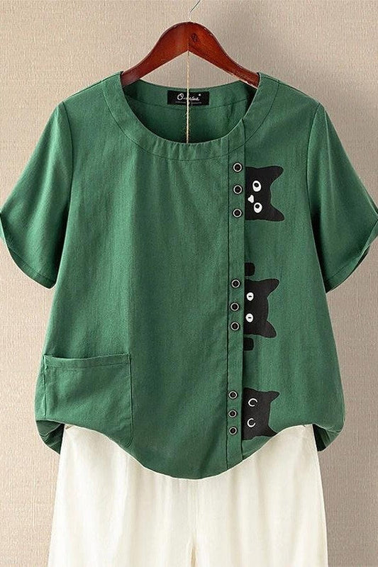 Women’s T-shirt – Relaxed Fit – Soft Knit – Cat Print – Button Detail – Patch Pocket