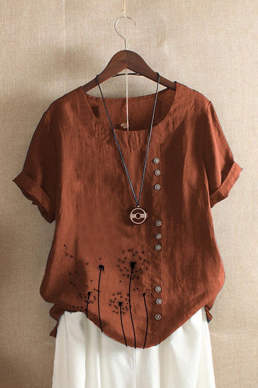 Women’s T-Shirt – Relaxed Fit – Short Sleeve – Natural Fibers – Dandelion Print – Button Detail
