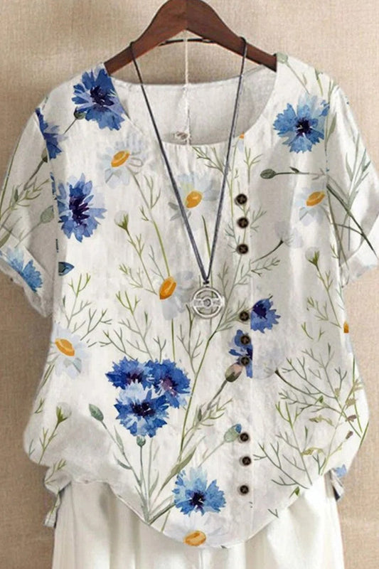 Women’s T-Shirt – Relaxed Fit – Floral Print – Button Front – Soft Breathable Blend
