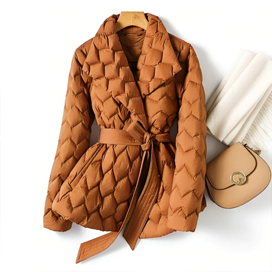 Women's Quilted Jacket - Belted Waist - Tailored Fit - Notched Lapel - Warm & Stylish