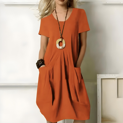 Women’s Midi Dress – Relaxed Fit – Short Sleeve – Round Neck – Breathable Blend – Pockets
