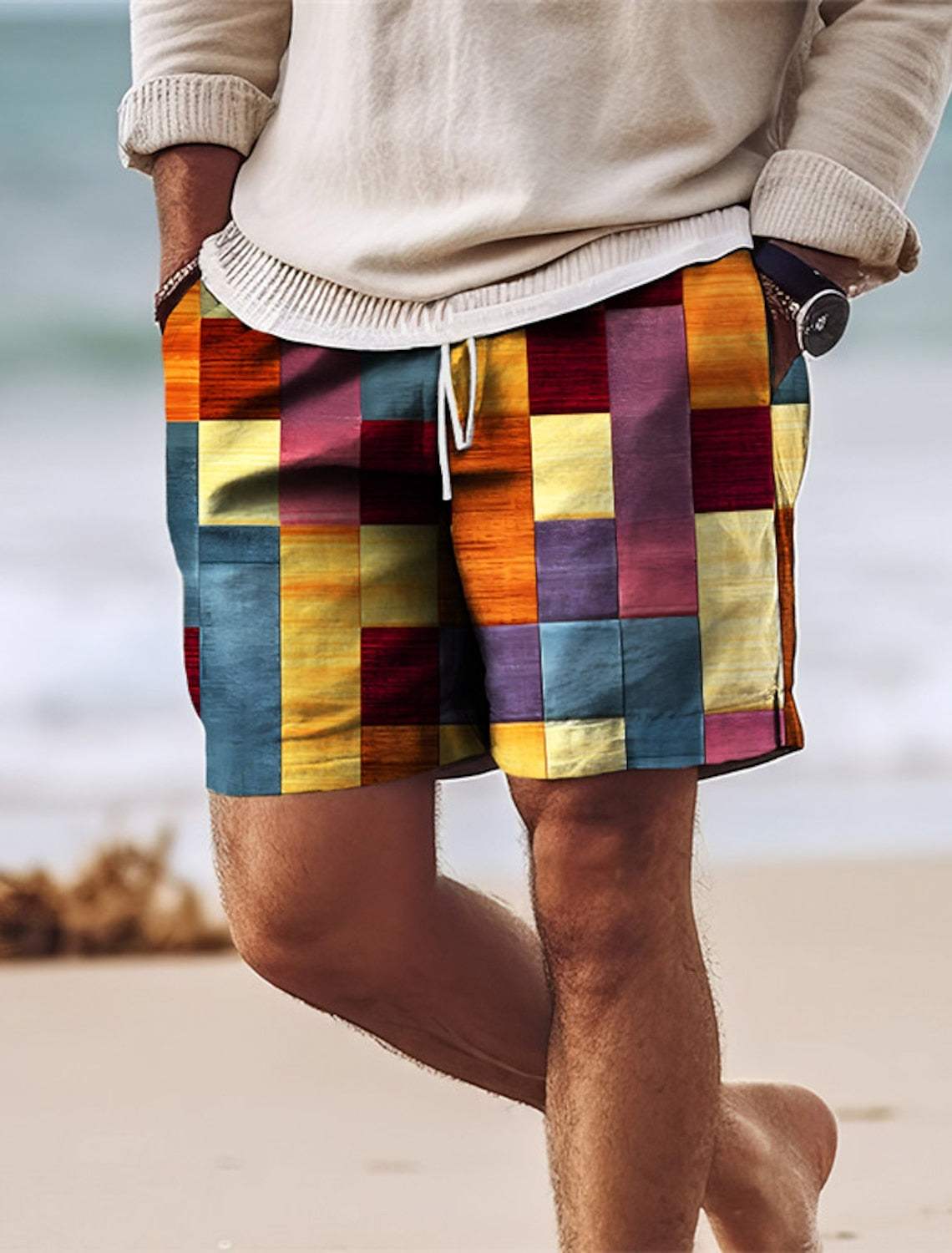 Men’s Patchwork Shorts - Knee-Length - Elastic Waist with Drawstring - Lightweight & Breathable