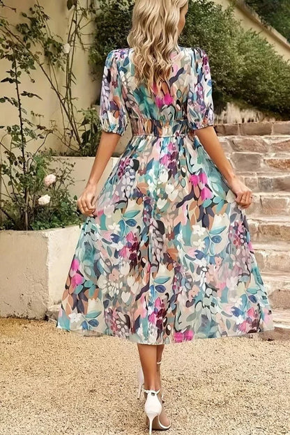 Women’s Midi Dress – Flowy Fit – V-Neck – Puff Sleeve – Elastic Waist – Floral Print