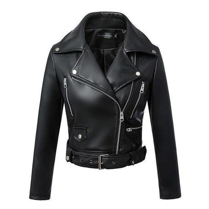 Women's biker moto jacket with belt and zip