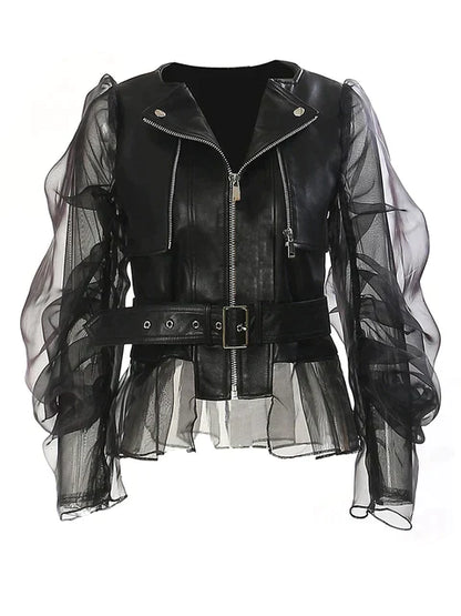 Women's PU leather jacket with mesh long sleeves