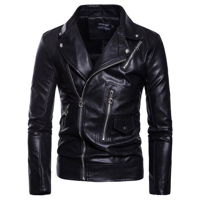 Men’s Leather Biker Jacket – Slim Fit – Notched Lapel – Asymmetrical Zip Closure