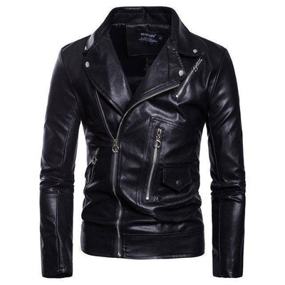 Men’s Leather Biker Jacket – Slim Fit – Notched Lapel – Asymmetrical Zip Closure