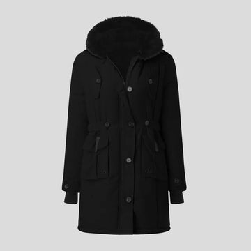 Vrouwelijke winterparka met zwarte bontkapuchon