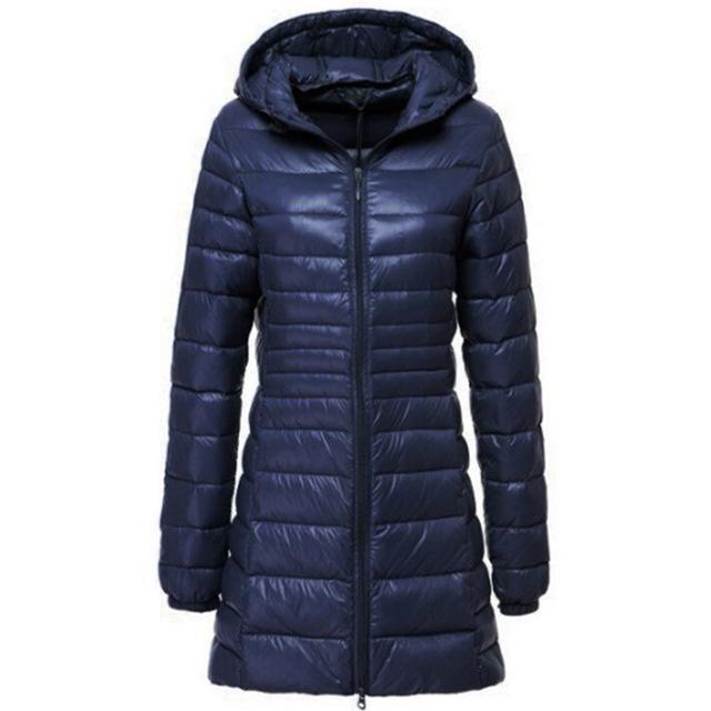 Lightweight long down jacket for women