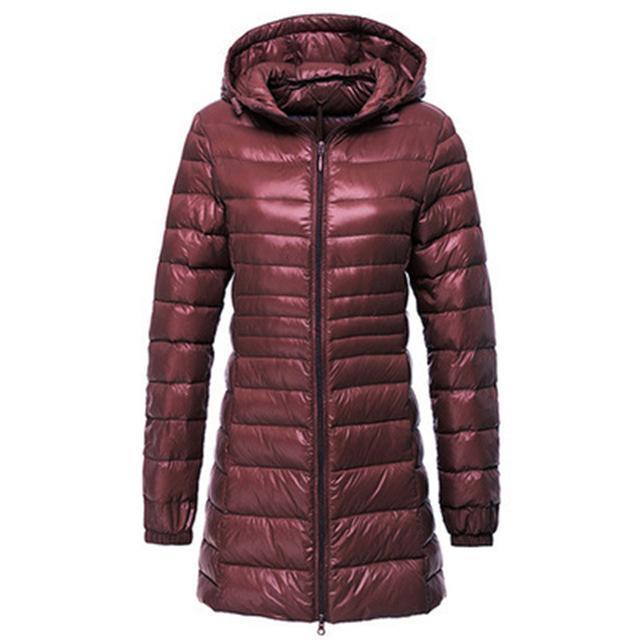 Lightweight long down jacket for women