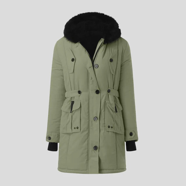 Vrouwelijke winterparka met zwarte bontkapuchon