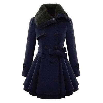 Women's Trench Coat - Double Breasted - Faux Fur Collar - Belted Waist - Tailored Fit