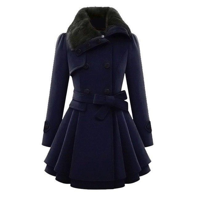 Women’s casual coat with flared hem and fur collar