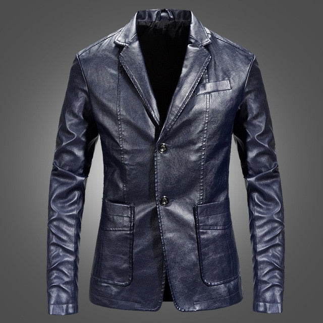 Herenslimfit leren blazer met gekerfde revers