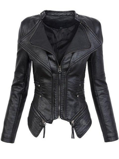 Women's black motorcycle jacket with a stand-up collar