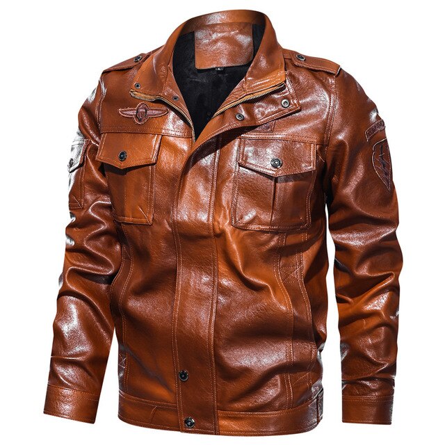 Men's casual pu leather jacket with patch details