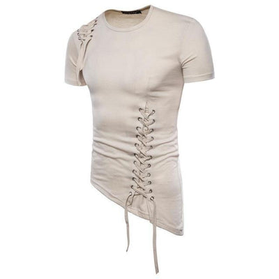 Men’s T-Shirt - Slim Fit - Lace-Up Detail - Crew Neck - Short Sleeve Stylish Design