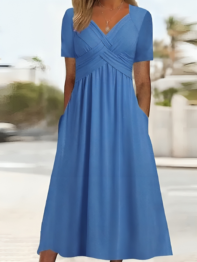 Women's A-Line Dress - Criss-Cross Bust - Short Sleeve - Knee-Length with Pockets