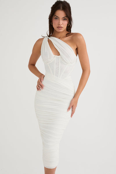 Women’s Midi Dress – Slim Fit – Asymmetric Neckline – Ruched – Corset Detail